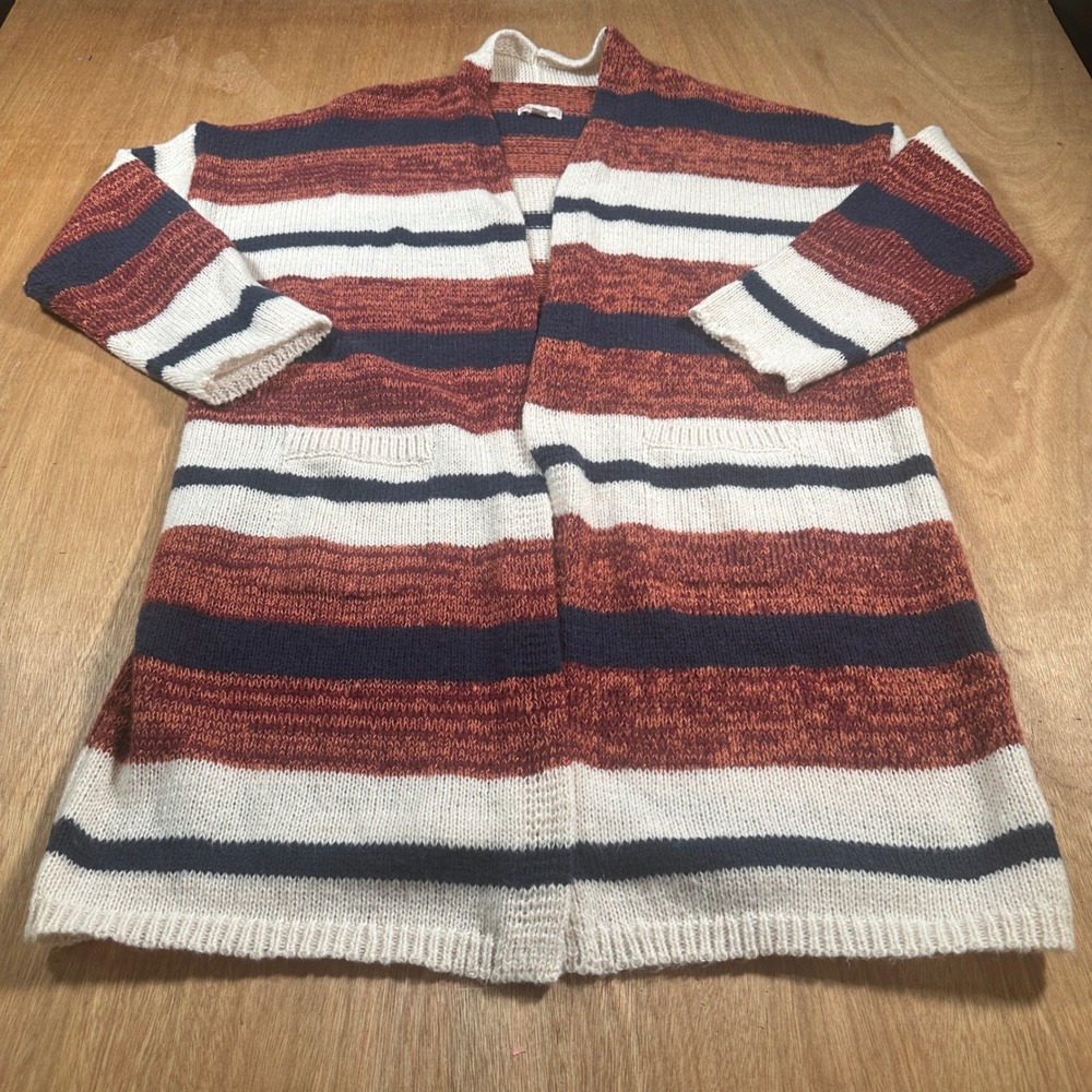 Knox Rose Cardigan Sweater Womens L Multi Color Striped Open Front Long Pocket